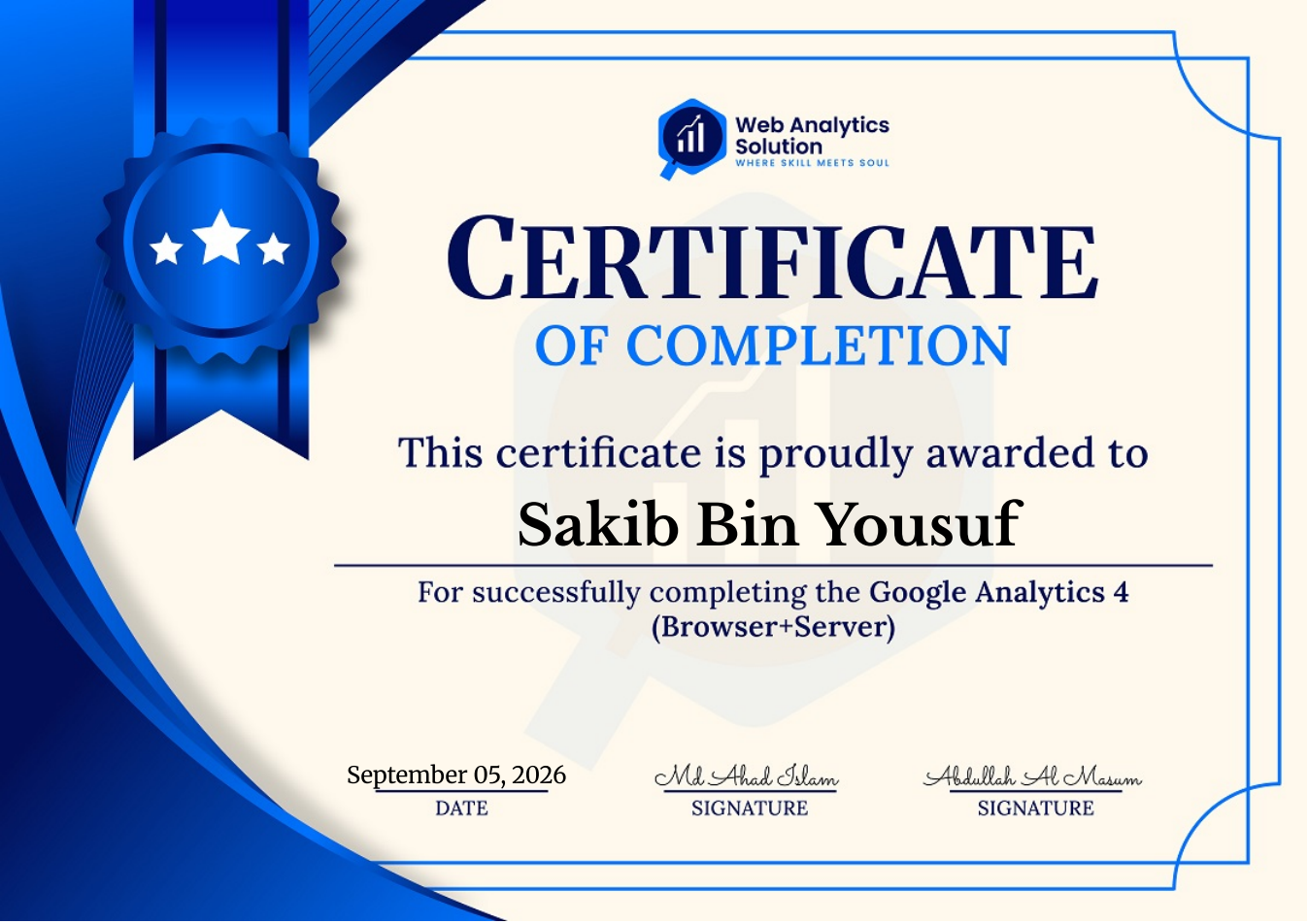Google Analytics 4 certificate awarded to Sakib Bin Yousuf