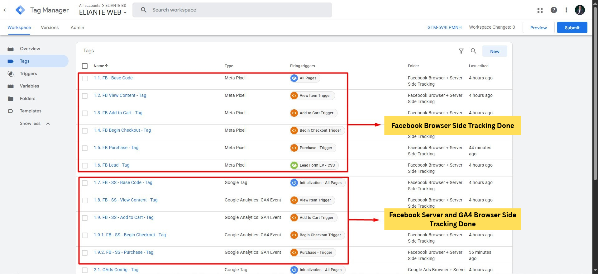 ELIANTE BD browser and server tracking configuration