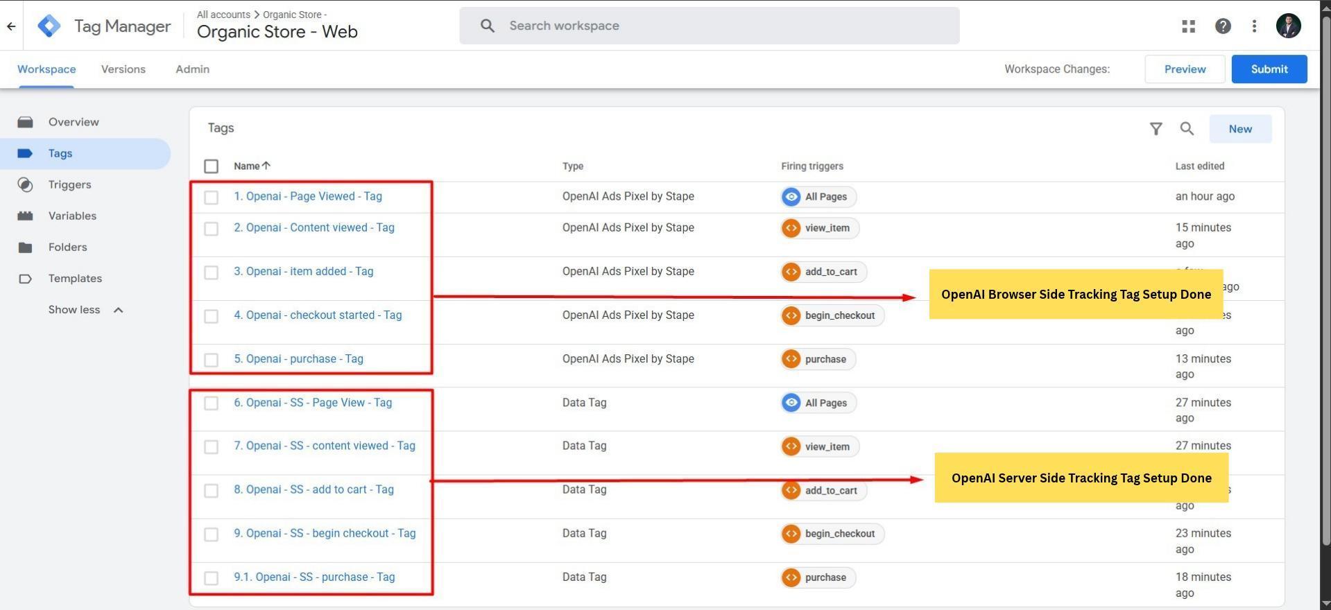 Browser event tags and forwarding tags configured in GTM.