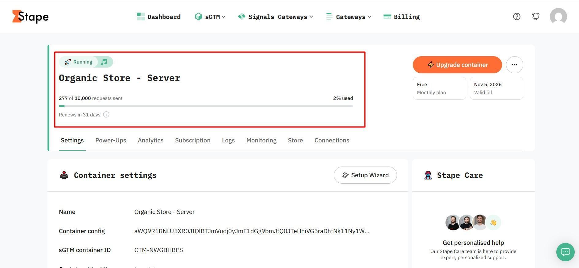 Stape server shown as Running and linked to the GTM server container.