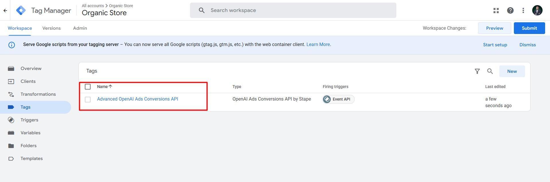 Conversions API tag configured in the server container.