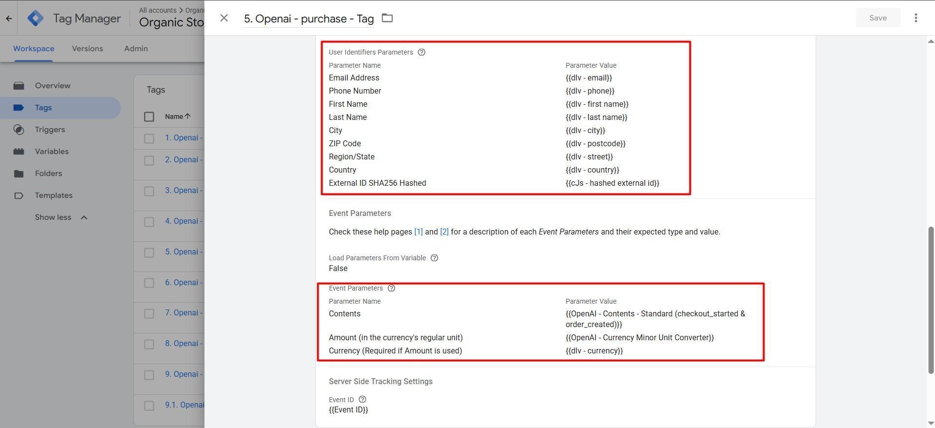 Purchase parameters, user identifier fields, and event ID configured.