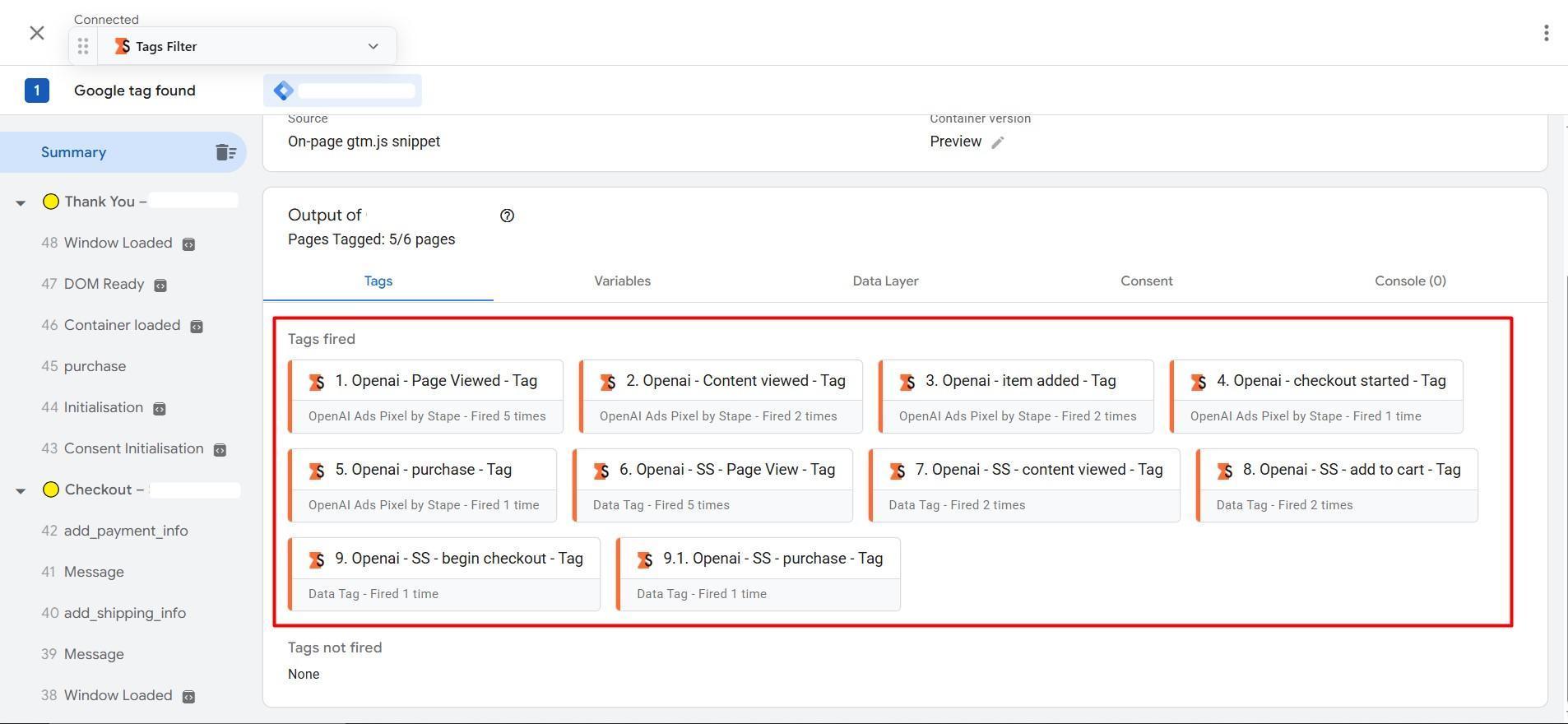 Browser and forwarding tags fired in the captured web test session.