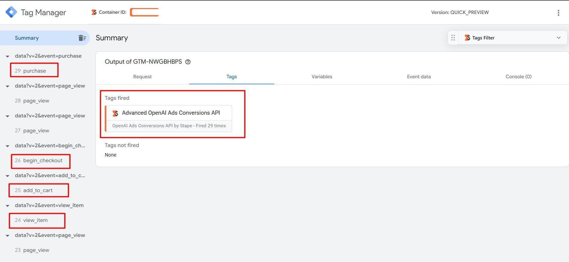 Conversions API tag fired during server preview testing.