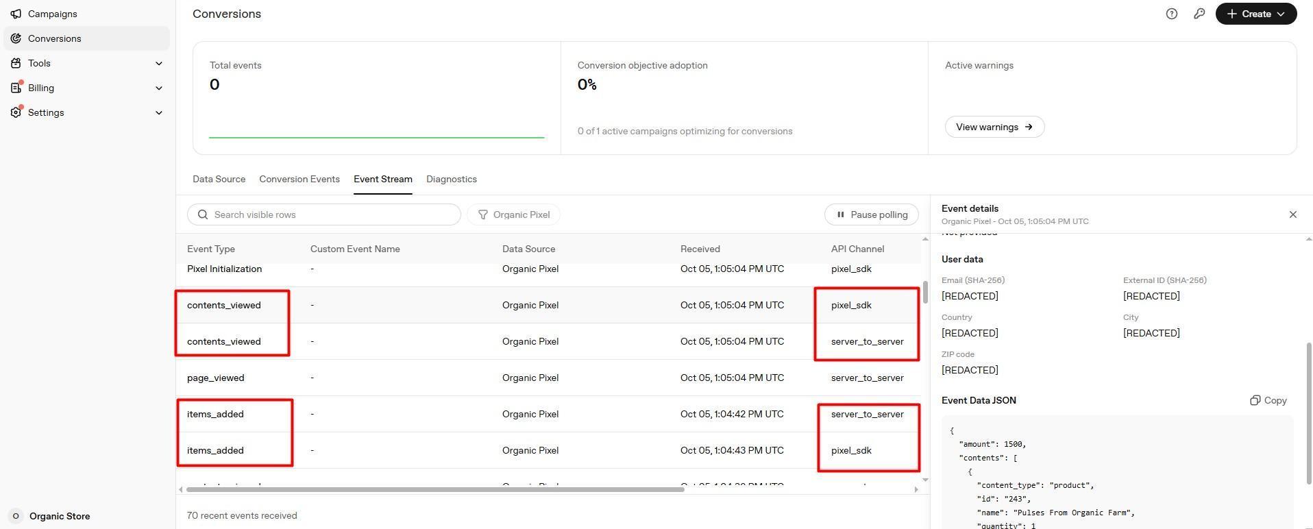 Product view and cart events received through both channels.