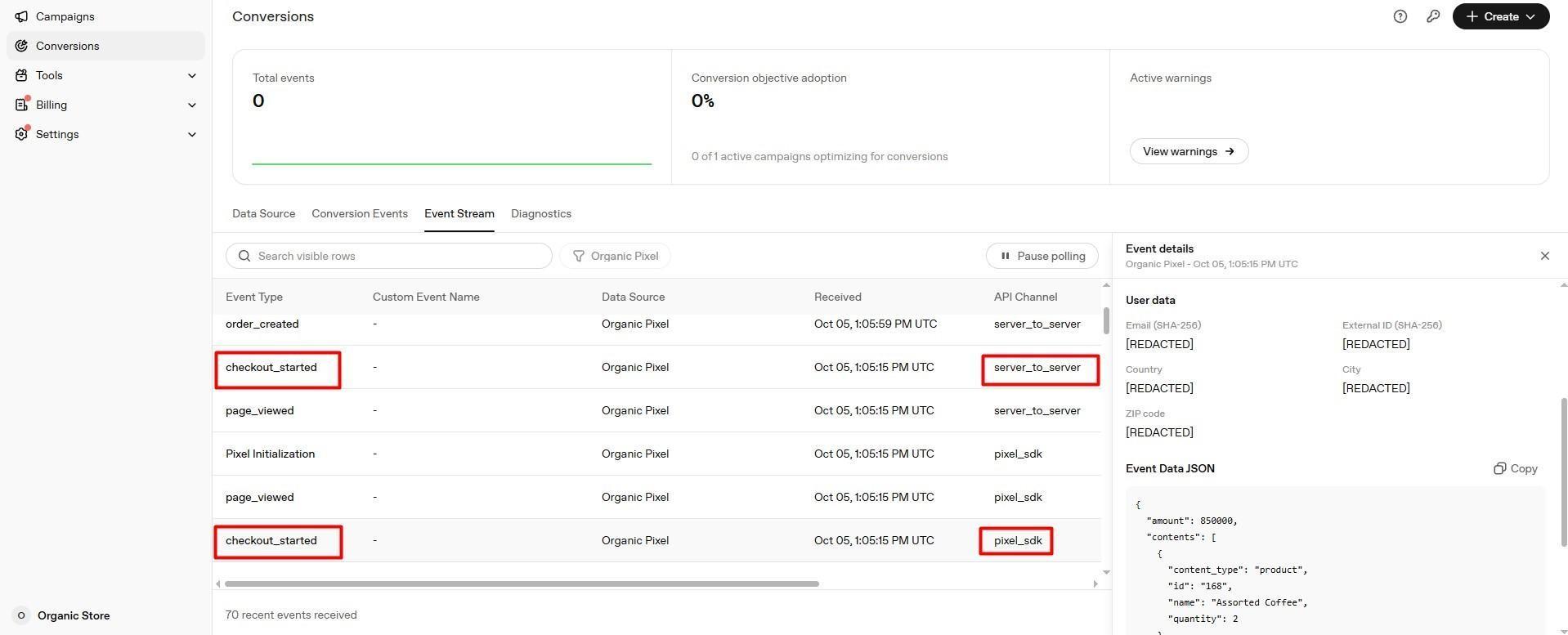Checkout events received through browser and server channels.