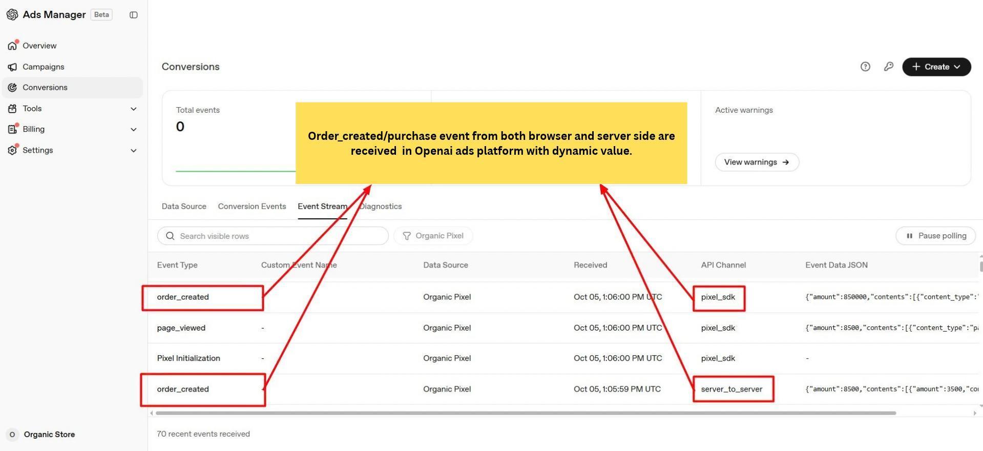 Order events received through browser and server channels.