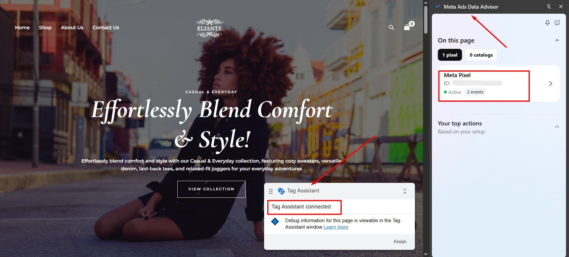 ELIANTE website with Meta Pixel active and Google Tag Assistant connected