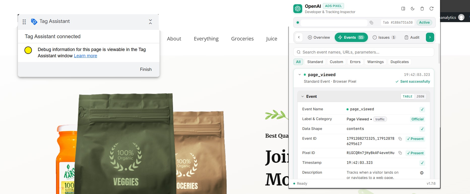 Organic Store with Tag Assistant connected and OpenAI Ads Pixel event received