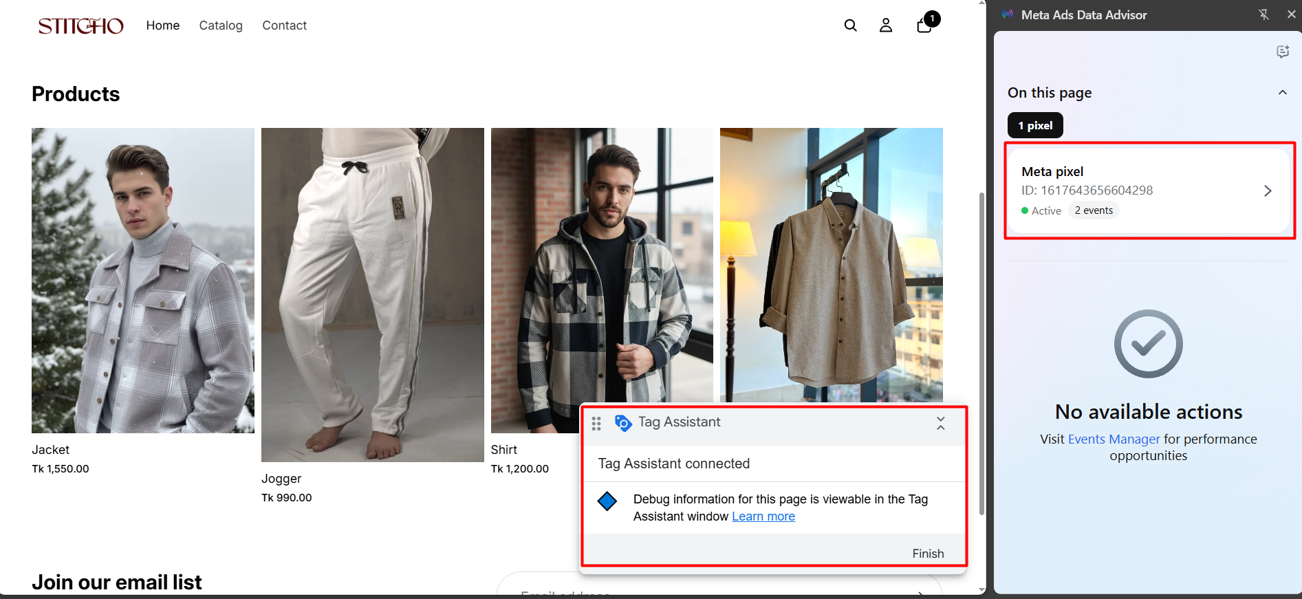 STITCHO Shopify store with Meta Pixel active and Tag Assistant connected